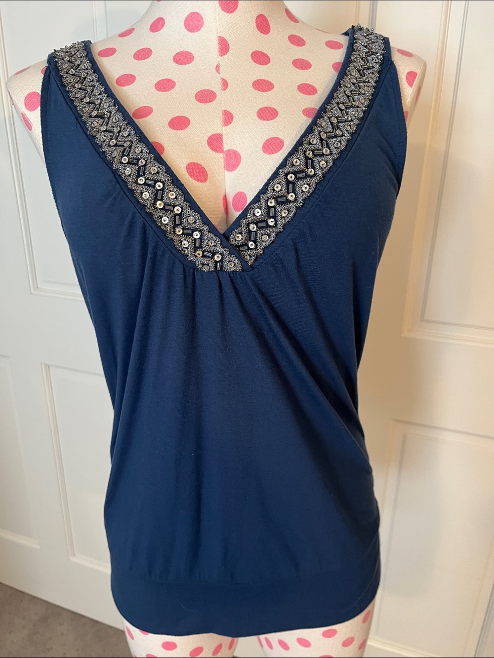 New York & Company Navy Beaded V-Neck Tank